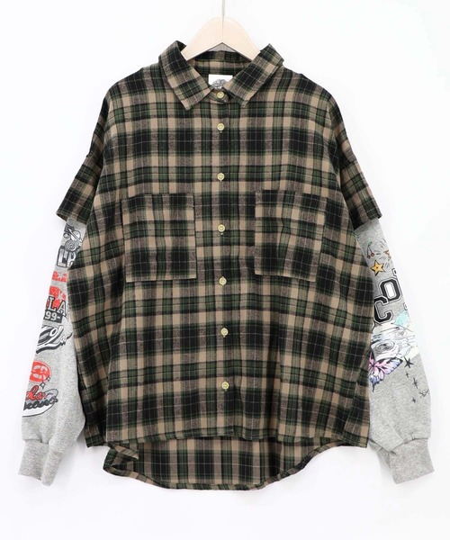 ScoLar(スカラー)の「163675:レイヤード風 チェック柄袖プリントプルオーバー(Tシャツ/カットソー・レディース・カーキ/パープル・M)」の10枚目の写真