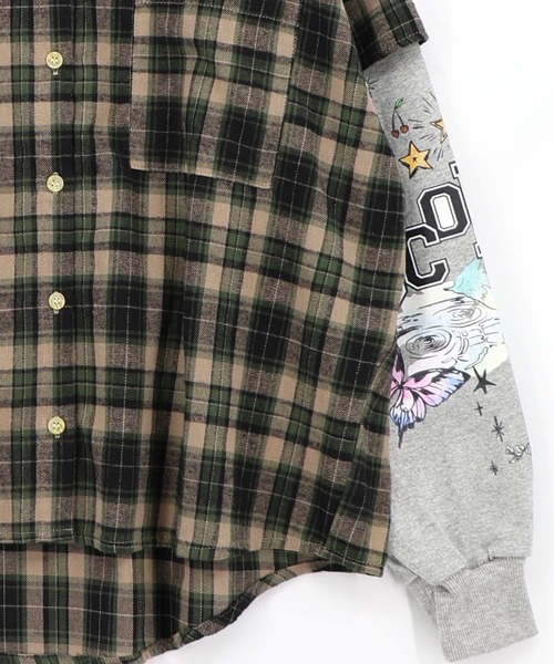 ScoLar(スカラー)の「163675:レイヤード風 チェック柄袖プリントプルオーバー(Tシャツ/カットソー・レディース・カーキ/パープル・M)」の12枚目の写真