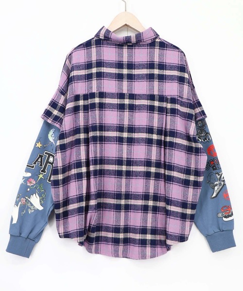 ScoLar(スカラー)の「163675:レイヤード風 チェック柄袖プリントプルオーバー(Tシャツ/カットソー・レディース・カーキ/パープル・M)」の13枚目の写真