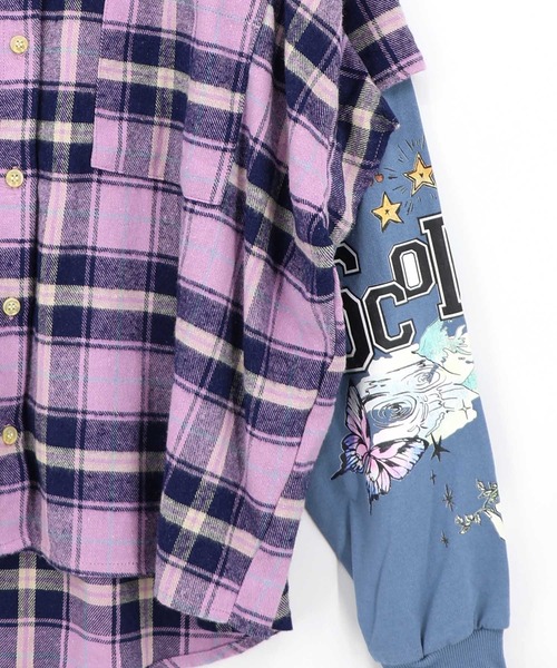 ScoLar(スカラー)の「163675:レイヤード風 チェック柄袖プリントプルオーバー(Tシャツ/カットソー・レディース・カーキ/パープル・M)」の14枚目の写真
