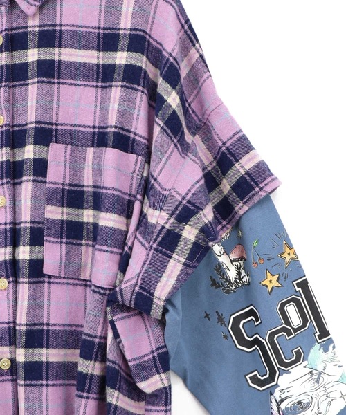ScoLar(スカラー)の「163675:レイヤード風 チェック柄袖プリントプルオーバー(Tシャツ/カットソー・レディース・カーキ/パープル・M)」の16枚目の写真