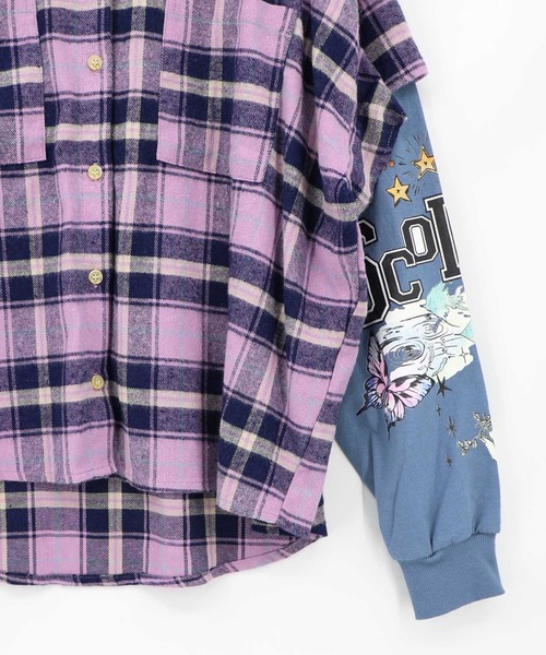 ScoLar(スカラー)の「163675:レイヤード風 チェック柄袖プリントプルオーバー(Tシャツ/カットソー・レディース・カーキ/パープル・M)」の17枚目の写真