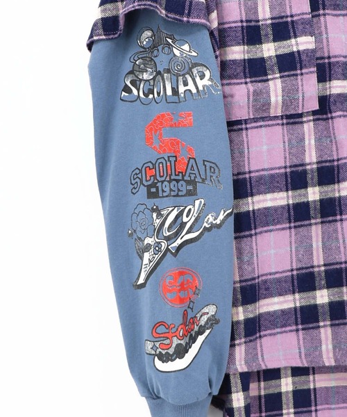 ScoLar(スカラー)の「163675:レイヤード風 チェック柄袖プリントプルオーバー(Tシャツ/カットソー・レディース・カーキ/パープル・M)」の18枚目の写真