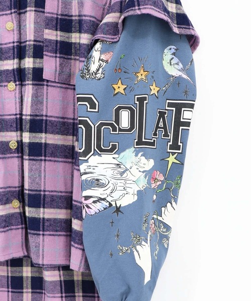 ScoLar(スカラー)の「163675:レイヤード風 チェック柄袖プリントプルオーバー(Tシャツ/カットソー・レディース・カーキ/パープル・M)」の19枚目の写真