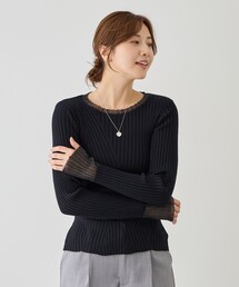 袖シアー使いリブニットトップス