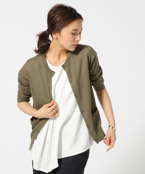GLOBAL WORK（グローバルワーク）の「【UV加工】12ゲージコットンリネンクルーカーディガン7分袖/709464（カーディガン/ボレロ・レディース・グレー/ブルー/イエロー/ネイビー/オレンジ/カーキ/ブラック/ブラウン/ブルー系その他/ワインレッド・LARGE/SMALL/MEDIUM）」の4枚目の写真