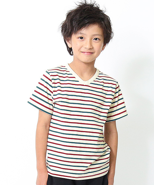 devirock(デビロック)の「先染めボーダーVネック半袖Tシャツ カットソー(Tシャツ/カットソー・キッズ・トリコロール/チャコール/ブラック・100cm/150cm/130cm/160cm/140cm/120cm/110cm)」の1枚目の写真