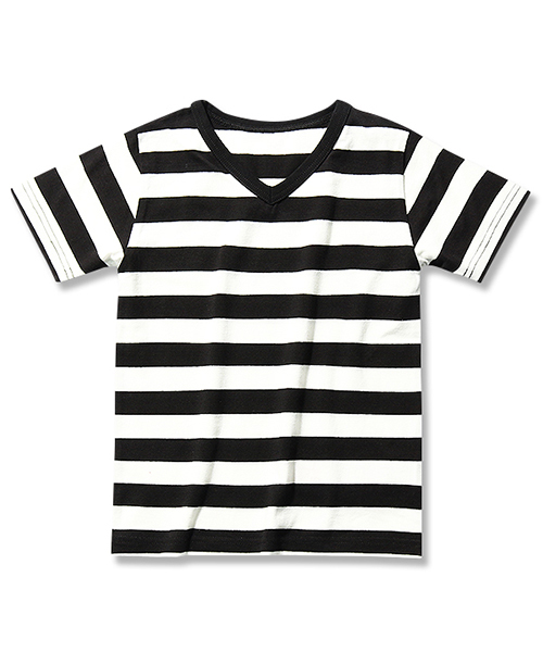 devirock(デビロック)の「先染めボーダーVネック半袖Tシャツ カットソー(Tシャツ/カットソー・キッズ・トリコロール/チャコール/ブラック・100cm/150cm/130cm/160cm/140cm/120cm/110cm)」の5枚目の写真