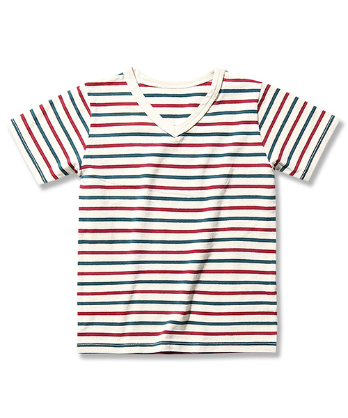 devirock(デビロック)の「先染めボーダーVネック半袖Tシャツ カットソー(Tシャツ/カットソー・キッズ・トリコロール/チャコール/ブラック・100cm/150cm/130cm/160cm/140cm/120cm/110cm)」の13枚目の写真