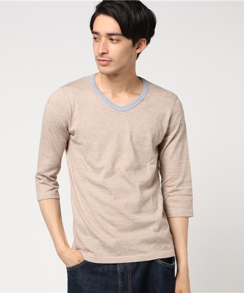 A VONTADE(アボンタージ)の「【A VONTADE】ア ボンタージ/ 3/4 SLEEVE TRIM V-NECK(Tシャツ/カットソー・メンズ・グレー/ベージュ/ブルー・LARGE/SMALL/MEDIUM)」の1枚目の写真