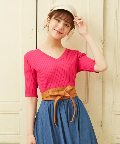 INGNI（イング）の「『MORE6月号掲載商品』12Gリブ5分袖ニット/レディーストップス-2017SS-（ニット/セーター・レディース・ブラック/ピンク系その他/その他/ラベンダー/マスタード/ブラウン/レッド/オフホワイト・MEDIUM）」の6枚目の写真