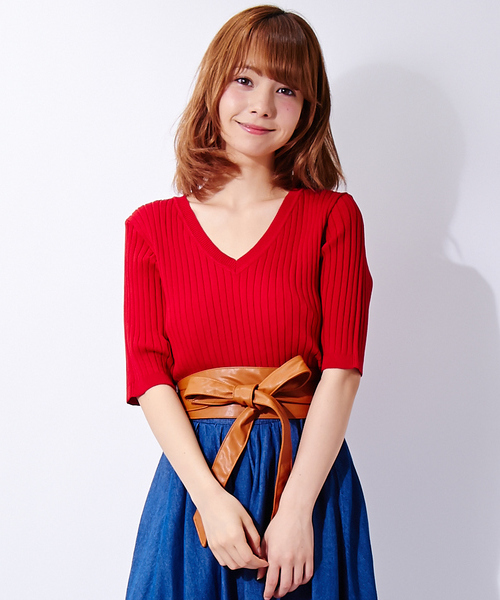 INGNI（イング）の「『MORE6月号掲載商品』12Gリブ5分袖ニット/レディーストップス-2017SS-（ニット/セーター・レディース・ブラック/ピンク系その他/その他/ラベンダー/マスタード/ブラウン/レッド/オフホワイト・MEDIUM）」の7枚目の写真