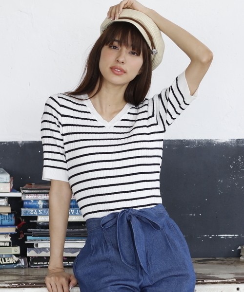 INGNI（イング）の「『MORE6月号掲載商品』12Gリブ5分袖ニット/レディーストップス-2017SS-（ニット/セーター・レディース・ブラック/ピンク系その他/その他/ラベンダー/マスタード/ブラウン/レッド/オフホワイト・MEDIUM）」の8枚目の写真