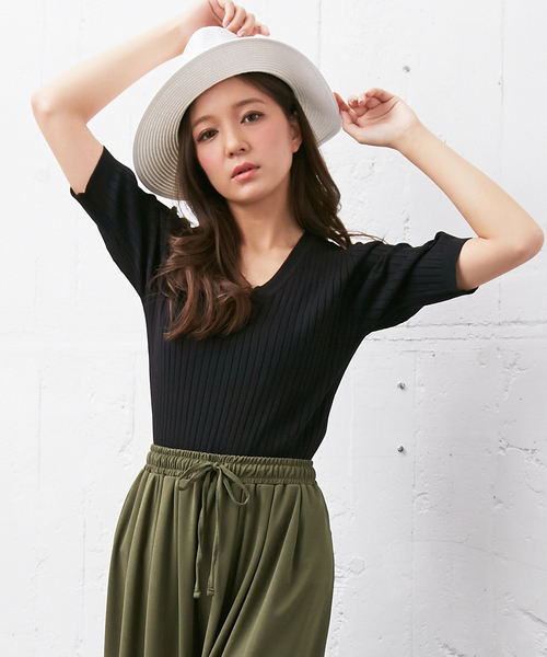 INGNI（イング）の「『MORE6月号掲載商品』12Gリブ5分袖ニット/レディーストップス-2017SS-（ニット/セーター・レディース・ブラック/ピンク系その他/その他/ラベンダー/マスタード/ブラウン/レッド/オフホワイト・MEDIUM）」の3枚目の写真