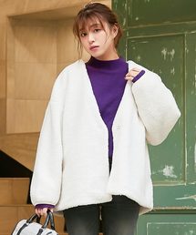 ノーカラーVネックショートボアブルゾン＊ボアコート/レディース/アウター[K751]神戸レタス