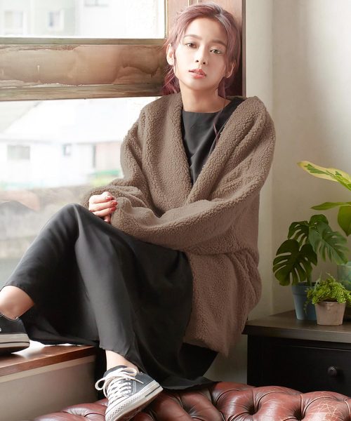 KOBE LETTUCE（コウベレタス）の「ノーカラーVネックショートボアブルゾン＊ボアコート/レディース/アウター[K751]神戸レタス（ノーカラーコート・レディース・ブラック/ピンク/アイボリー/モカ・FREE）」の16枚目の写真