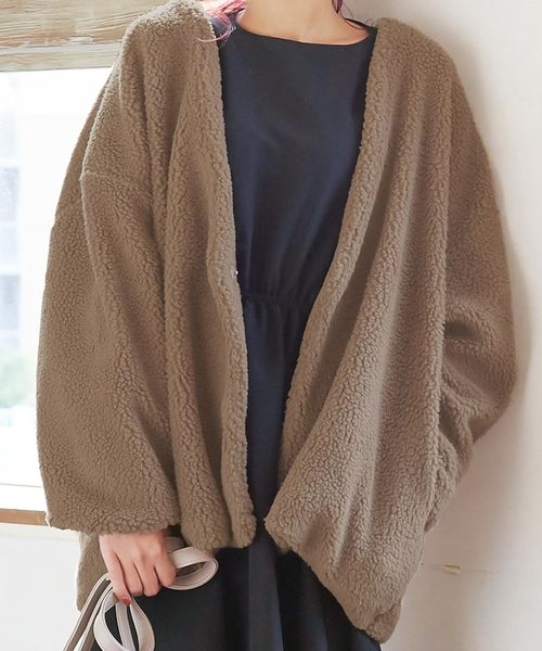 KOBE LETTUCE（コウベレタス）の「ノーカラーVネックショートボアブルゾン＊ボアコート/レディース/アウター[K751]神戸レタス（ノーカラーコート・レディース・ブラック/ピンク/アイボリー/モカ・FREE）」の14枚目の写真