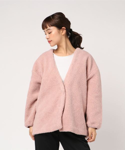 KOBE LETTUCE（コウベレタス）の「ノーカラーVネックショートボアブルゾン＊ボアコート/レディース/アウター[K751]神戸レタス（ノーカラーコート・レディース・ブラック/ピンク/アイボリー/モカ・FREE）」の4枚目の写真