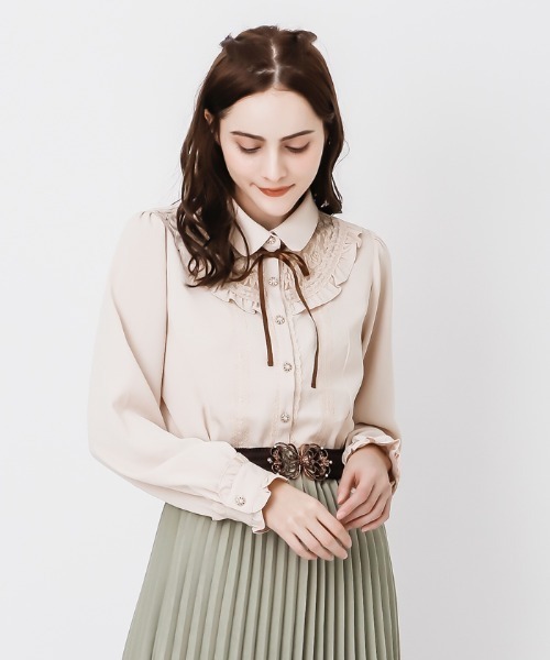 アクシーズファム　アイボリー 長袖 シャツ レース付き axes femme アイボリー長袖Tシャツ インナー 首紐花柄 レース
