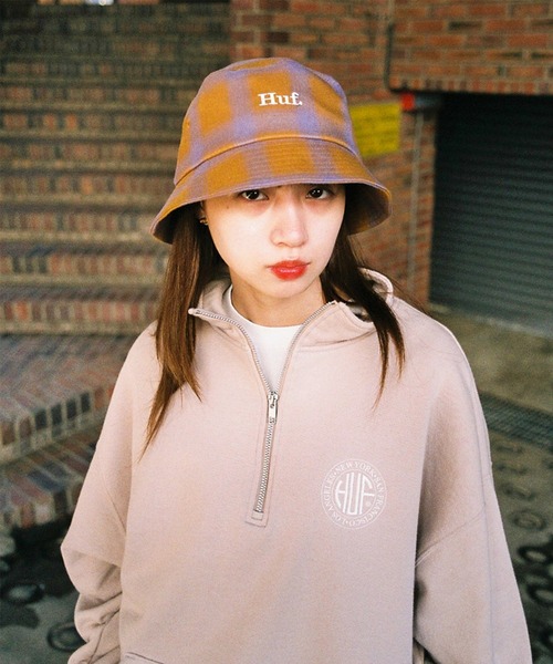 HUFグレー ハーフジップ スウェット HUF ハフ SLATE QUARTER ZIP FLEECE オーバーサイズロゴ刺繍