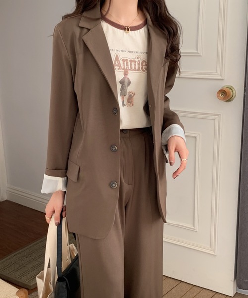 ABITOKYO（アビトーキョー）の「【セットアップ】ビックシルエットシングルジャケット+センタープレスセミワイドパンツ２点セット（セットアップ・レディース・カーキ/ブラック/グレー/ベージュ/ブルーグレー/チャコール/ライトピンク/ライトグリーン/パープル/ダークベージュ/ダークグリーン/オレンジ/ダークグリーン系/カーキ系/ブラウン・S/M）」の18枚目の写真