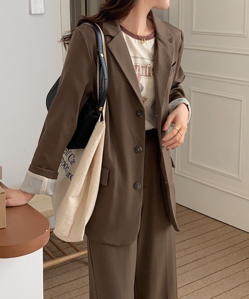 ABITOKYO（アビトーキョー）の「【セットアップ】ビックシルエットシングルジャケット+センタープレスセミワイドパンツ２点セット（セットアップ・レディース・カーキ/ブラック/グレー/ベージュ/ブルーグレー/チャコール/ライトピンク/ライトグリーン/パープル/ダークベージュ/ダークグリーン/オレンジ/ダークグリーン系/カーキ系/ブラウン・S/M）」の20枚目の写真