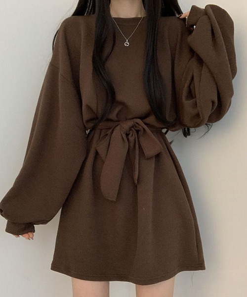 a lot of love（ア ロット オブ ラブ）の「ボリュームランタンスリーブ　ウエストリボンワンピース（ワンピース・レディース・テラコッタ/ブラウン/グレー/ブラック・FREE）」の3枚目の写真