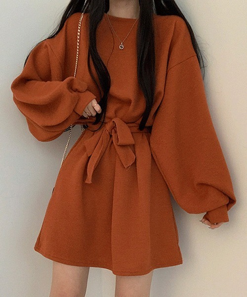 a lot of love（ア ロット オブ ラブ）の「ボリュームランタンスリーブ　ウエストリボンワンピース（ワンピース・レディース・テラコッタ/ブラウン/グレー/ブラック・FREE）」の4枚目の写真