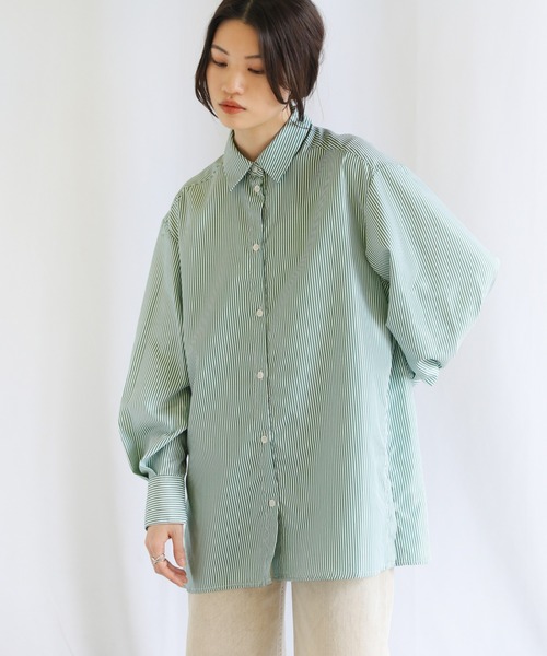 select MOCA（セレクトモカ）の「サイドスリットストライプオーバーシャツ（シャツ/ブラウス・レディース・ブラック/ピンク/ブルー/グリーン・FREE）」の3枚目の写真