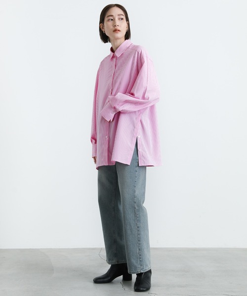 select MOCA（セレクトモカ）の「サイドスリットストライプオーバーシャツ（シャツ/ブラウス・レディース・ブラック/ピンク/ブルー/グリーン・FREE）」の8枚目の写真