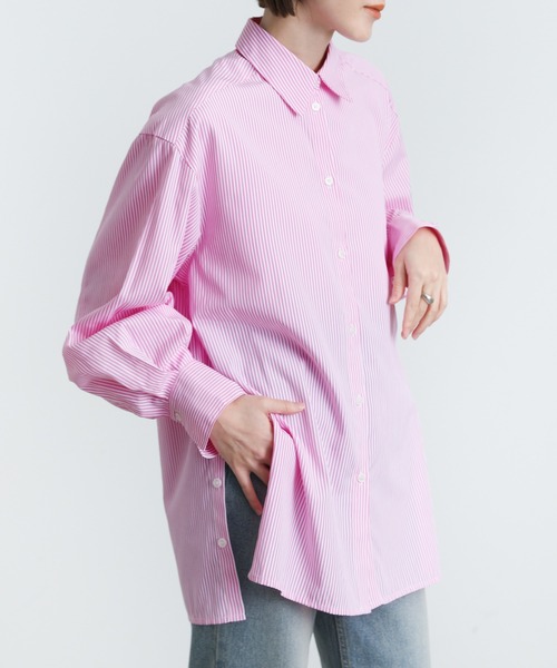 select MOCA（セレクトモカ）の「サイドスリットストライプオーバーシャツ（シャツ/ブラウス・レディース・ブラック/ピンク/ブルー/グリーン・FREE）」の10枚目の写真