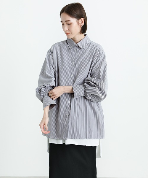 select MOCA（セレクトモカ）の「サイドスリットストライプオーバーシャツ（シャツ/ブラウス・レディース・ブラック/ピンク/ブルー/グリーン・FREE）」の12枚目の写真