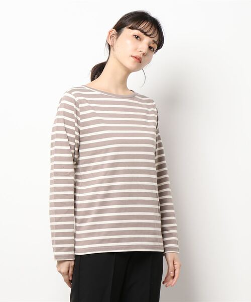 Lugnoncure(ルノンキュール)の「ボーダーボートネックプルオーバー(Tシャツ/カットソー・レディース・モカ/オフホワイト/グリーン・フリ-)」の1枚目の写真