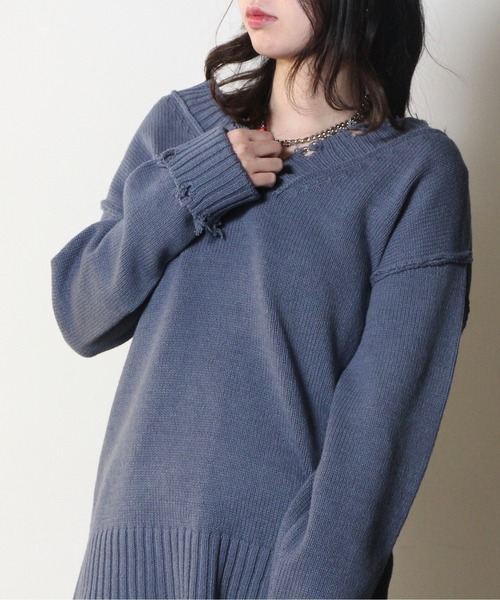 one way(ワンウェイ)の「【oneway Jeans】ブロークンVネックニット(ニット/セーター・レディース・ホワイト/ライトグレー/ライトブルー/オレンジ/ライトグリーン・FREE)」の4枚目の写真