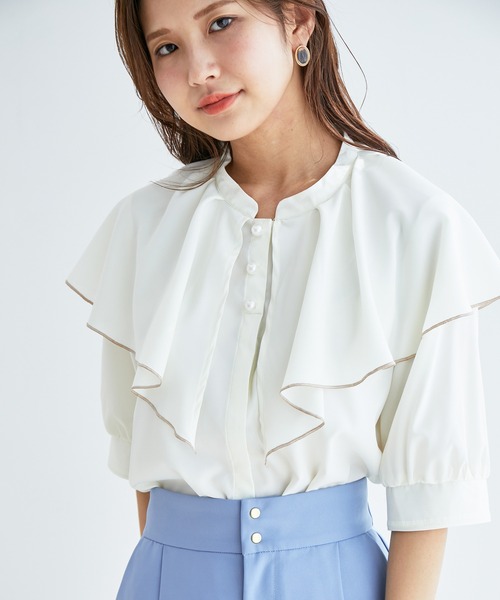 vis-`a-vis(ビサビ)の「【WEB限定】無地/変形ドットパール釦フリルブラウス(シャツ/ブラウス・レディース・ホワイト/カーキ/ブラック系その他/ピンク系その他2・FREE)」の14枚目の写真