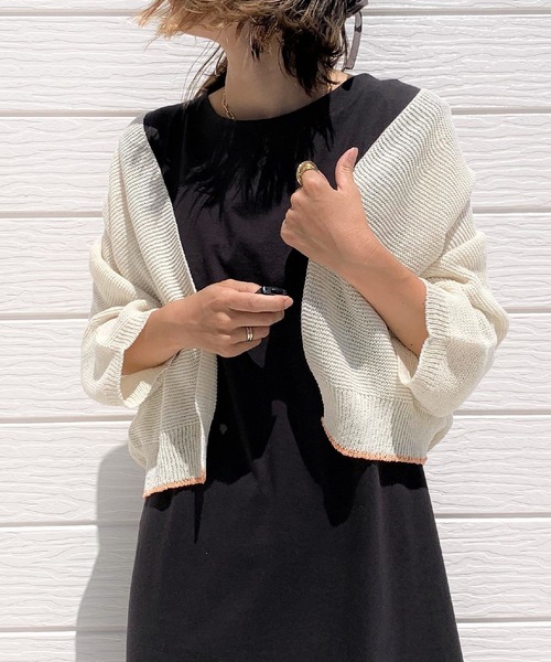 Q（キュー）の「ホールガーメント 和紙ショートカーデ（カーディガン/ボレロ・レディース・ブラック/アイボリー・MEDIUM）」の2枚目の写真