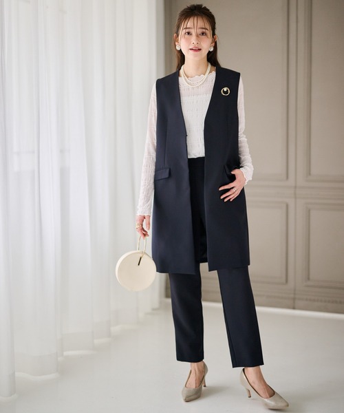 セール】【2点セット】防シワ/抗菌防臭 ノーカラーロングジレ