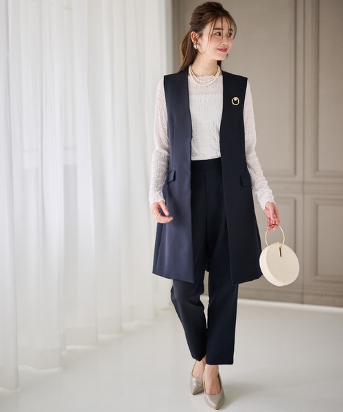 セール】【2点セット】防シワ/抗菌防臭 ノーカラーロングジレ