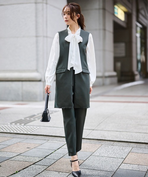 セール】【2点セット】防シワ/抗菌防臭 ノーカラーロングジレ