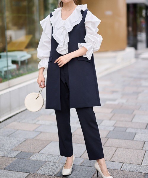 セール】【2点セット】防シワ/抗菌防臭 ノーカラーロングジレ