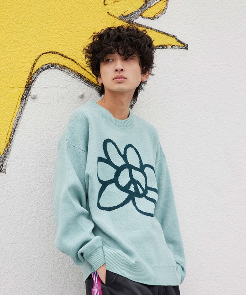 re_k by JUNRED（レクバイジュンレッド）の「re_k by JUNRED / ピースデイジージャガードニットプルオーバー（ニット/セーター・メンズ・チャコールグレー/ライトグレー/ミント・S/M/L）」の5枚目の写真