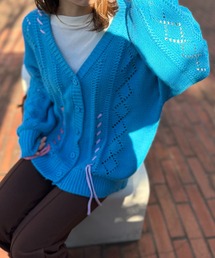 配色レースアップ透かし編みカーディガン