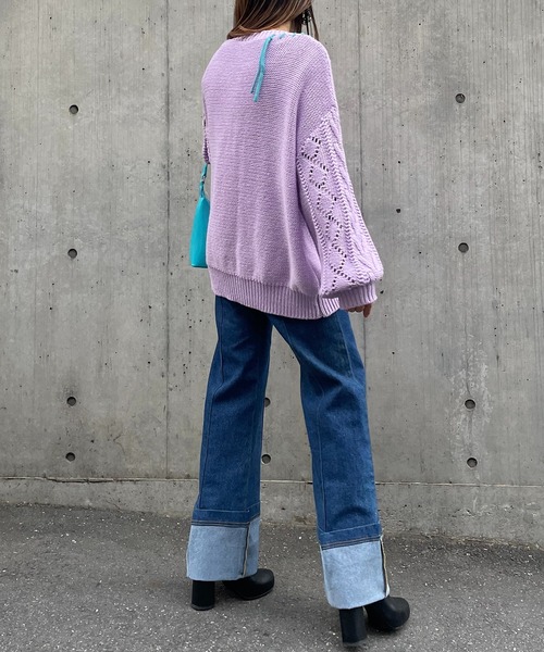 mi via loca（ミヴィアロカ）の「配色レースアップ透かし編みカーディガン（カーディガン/ボレロ・レディース・ブルー/ラベンダー/オフホワイト/ブラック・FREE）」の14枚目の写真