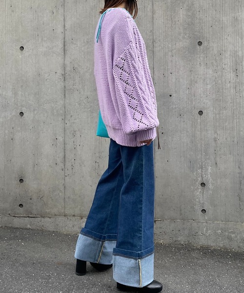 mi via loca（ミヴィアロカ）の「配色レースアップ透かし編みカーディガン（カーディガン/ボレロ・レディース・ブルー/ラベンダー/オフホワイト/ブラック・FREE）」の18枚目の写真