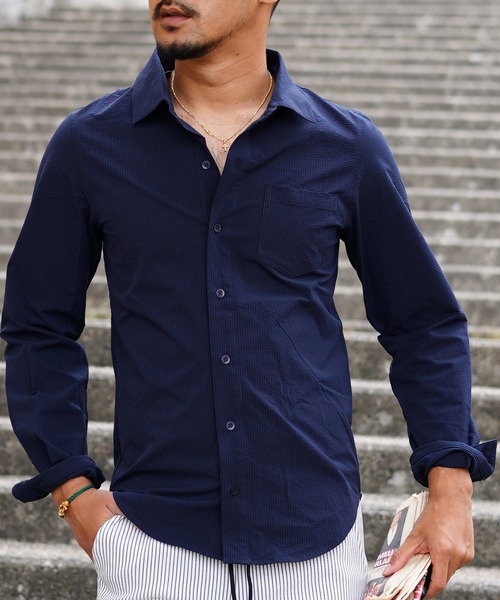 adamsJUGGLER（アダムスジャグラー）の「23/シアサッカーロングシャツ（シャツ/ブラウス・メンズ・ホワイト/ネイビー・L/M/XL/S）」の3枚目の写真