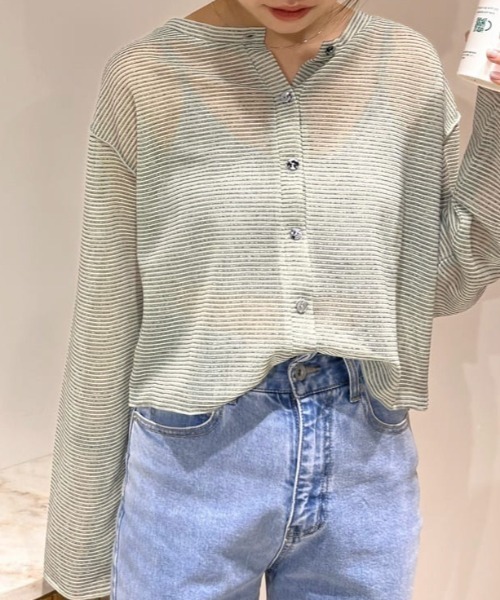 FREE'S MART(フリーズマート)の「シアーボーダーカットソーカーディガン(カーディガン/ボレロ・レディース・グリーン系その他3/ホワイト系その他・FREE)」の1枚目の写真