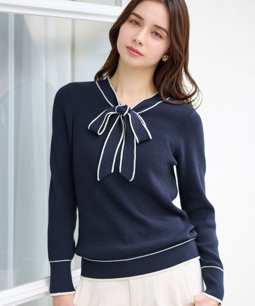 alotta（アロッタ）の「配色ボウタイニットトップス（ニット/セーター・レディース・アイボリー/ライトブルー/モカ/ネイビー・3L/L/LL/M）」の4枚目の写真