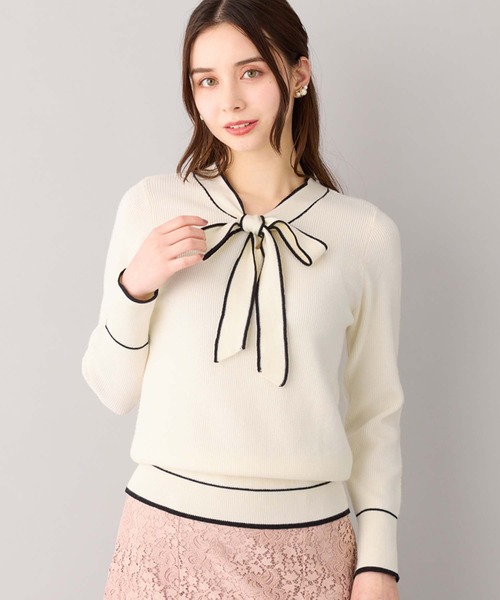 alotta（アロッタ）の「配色ボウタイニットトップス（ニット/セーター・レディース・アイボリー/ライトブルー/モカ/ネイビー・3L/L/LL/M）」の9枚目の写真