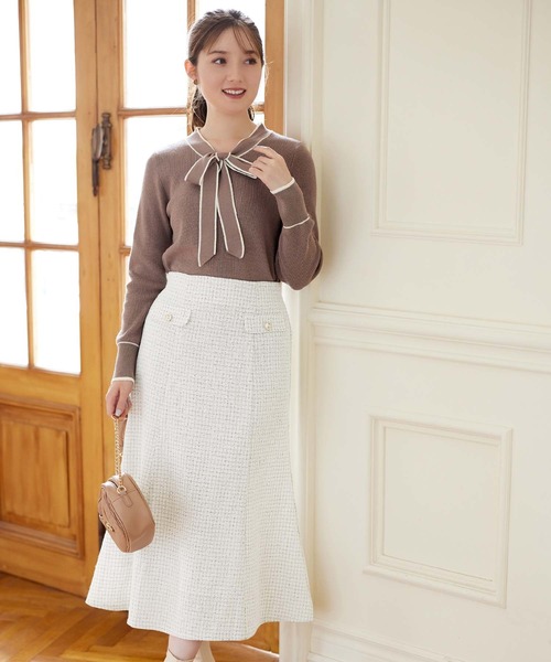 alotta（アロッタ）の「配色ボウタイニットトップス（ニット/セーター・レディース・アイボリー/ライトブルー/モカ/ネイビー・3L/L/LL/M）」の14枚目の写真