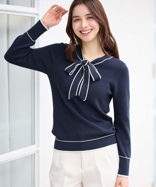 alotta（アロッタ）の「配色ボウタイニットトップス（ニット/セーター・レディース・アイボリー/ライトブルー/モカ/ネイビー・3L/L/LL/M）」の19枚目の写真